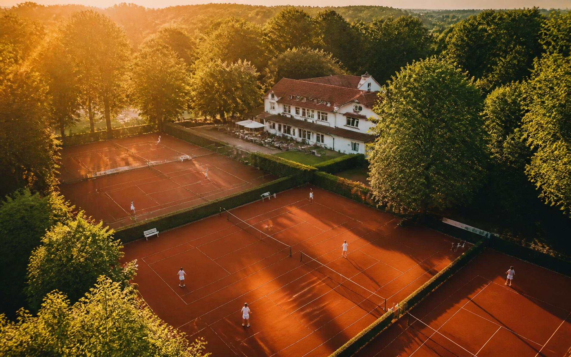 Luftaufnahme eines traditionellen Tennisvereins mit Sandplätzen und Clubhaus im warmen Abendlicht